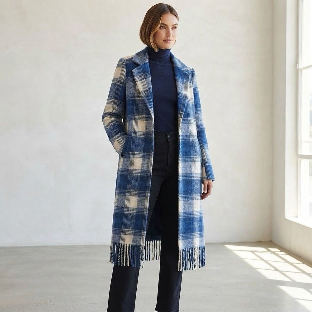 Z Supply Ynez Fringe Plaid Coat Size S Blue Open Front Long Boho Western NWT